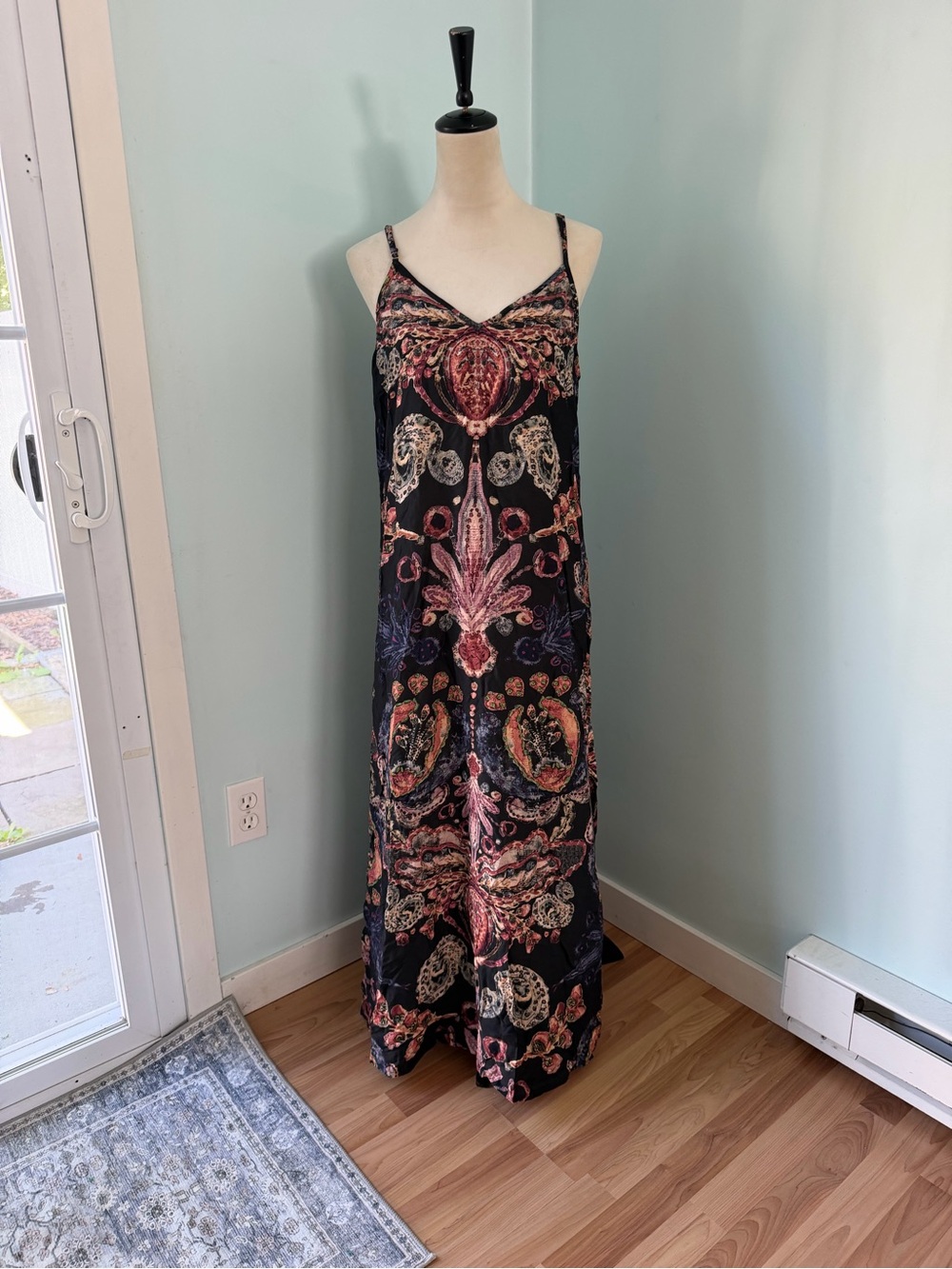 Natural Life Gracie Slip Maxi Dress L Black Motif Boho Festival Rayon